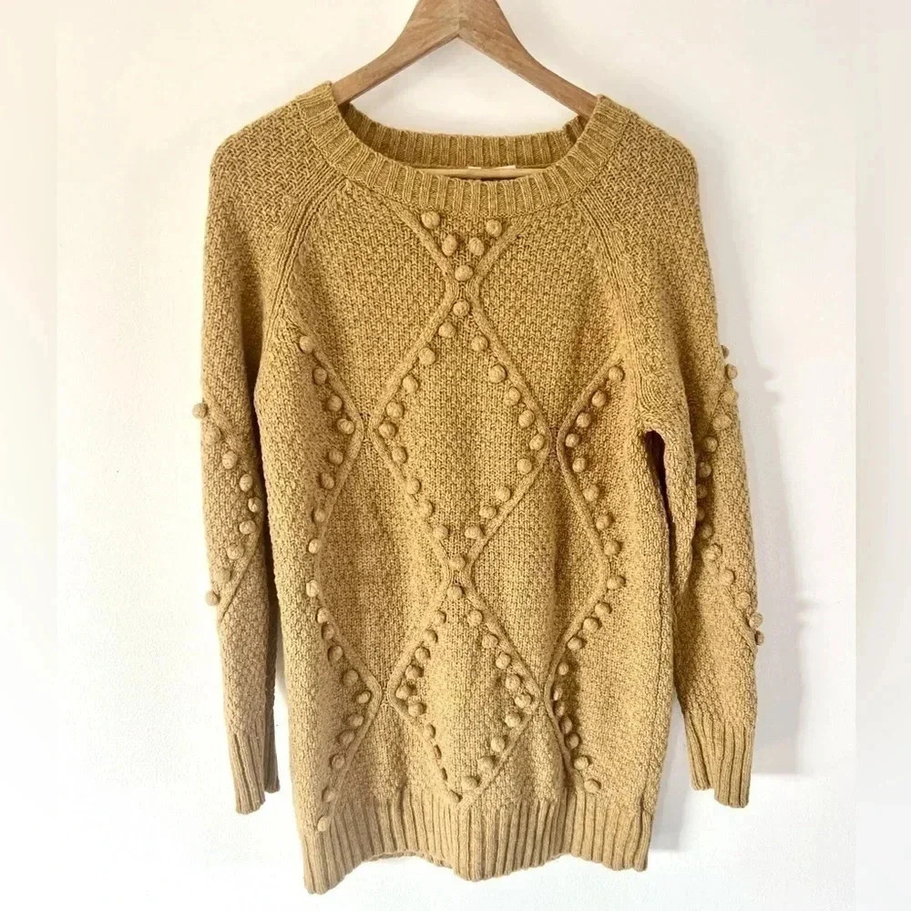Anthropologie Moth Wool Pom Pom Mustard Yellow Wool Knit Pull Over Sweater Small